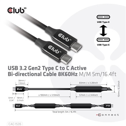 Club3D CAC-1535 (3.2 USB-C Gen 2 to 3.2 USB-C Gen 2, 60W PD, 8K60Hz, Bidirectional, M/M, 5m)