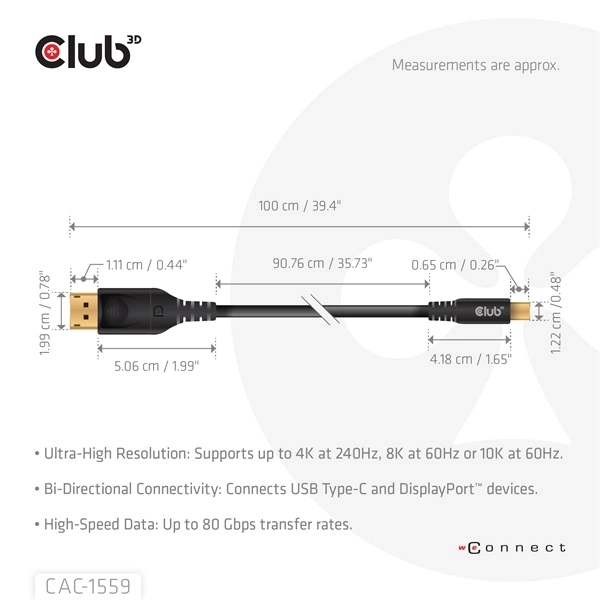 Club3D CAC-1559 (USB-C to DisplayPort 2.1, DP80 Bidirectional, 1m, 8K60Hz)