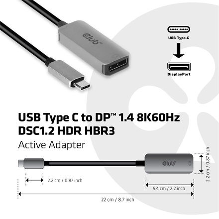 Club3D CAC-1567 (USB-C to DisplayPort 1.4, 8K60Hz, DSC 1.2, HDR, HBR3)
