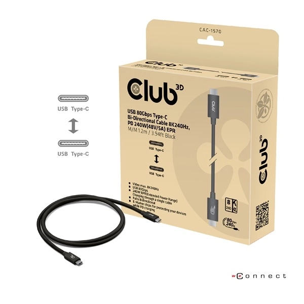Club3D CAC-1570 (USB4 USB-C, 240W PD, 80Gbps, 8K240Hz, 4K540Hz, Bidirectional, fekete, M/M, 1,2m)