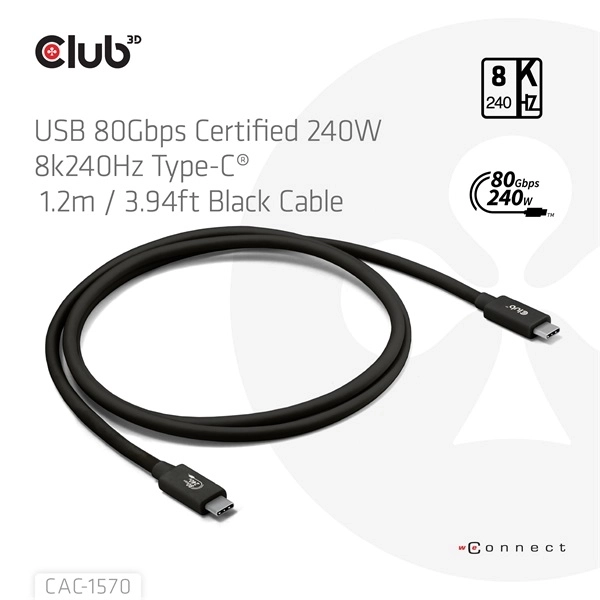Club3D CAC-1570 (USB4 USB-C, 240W PD, 80Gbps, 8K240Hz, 4K540Hz, Bidirectional, fekete, M/M, 1,2m)