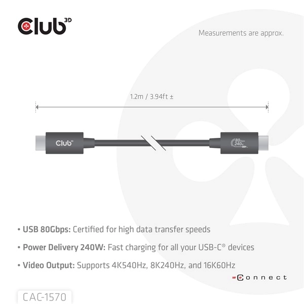 Club3D CAC-1570 (USB4 USB-C, 240W PD, 80Gbps, 8K240Hz, 4K540Hz, Bidirectional, fekete, M/M, 1,2m)