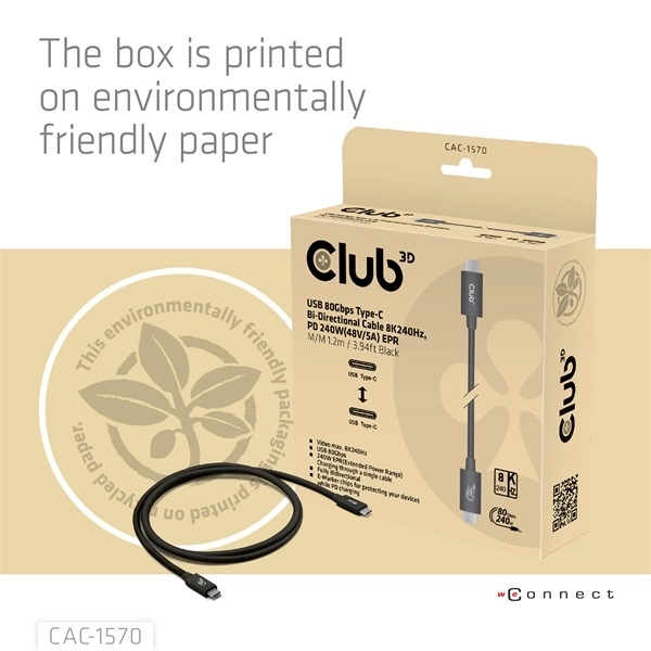 Club3D CAC-1570 (USB4 USB-C, 240W PD, 80Gbps, 8K240Hz, 4K540Hz, Bidirectional, fekete, M/M, 1,2m)