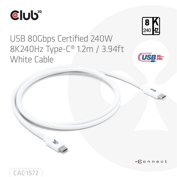 Club3D CAC-1572 (USB4 USB-C, 240W PD, 80Gbps, 8K240Hz, 4K540Hz, Bidirectional, fehér, M/M, 1,2m)