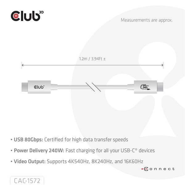 Club3D CAC-1572 (USB4 USB-C, 240W PD, 80Gbps, 8K240Hz, 4K540Hz, Bidirectional, fehér, M/M, 1,2m)