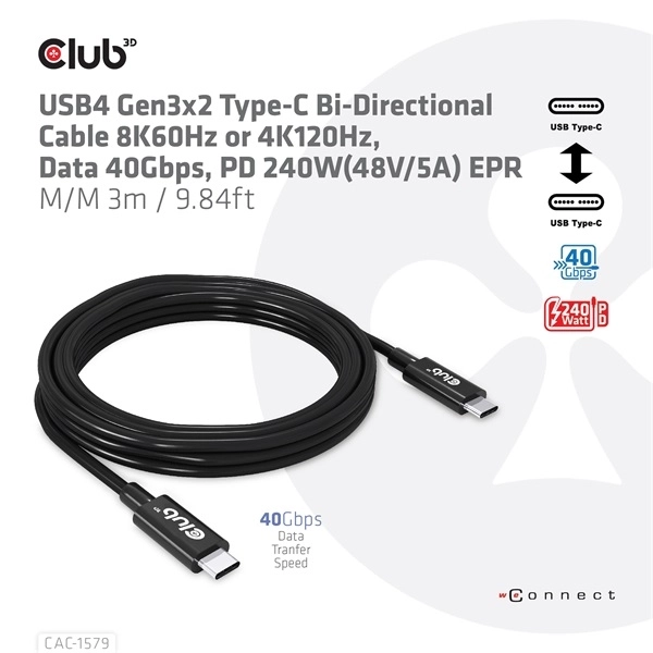 Club3D CAC-1579 (USB4 USB-C Gen 3x2, Bi-directional, 8K60Hz, 40Gbps, 240W PD, EPR, M/M, 3m)