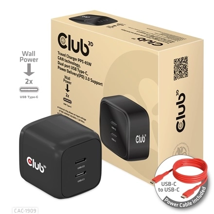 Club3D CAC-1909EU (45W GAN, USB-C Dual Port, PD 3.0, PPS, Kétportos)