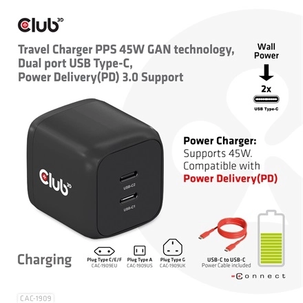 Club3D CAC-1909EU (45W GAN, USB-C Dual Port, PD 3.0, PPS, Kétportos)