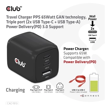Club3D CAC-1913EU (65W GAN, Triple port 2xUSB-C 1xUSB-A PD 3.0)
