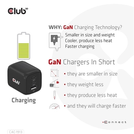 Club3D CAC-1913EU (65W GAN, Triple port 2xUSB-C 1xUSB-A PD 3.0)