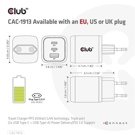 Club3D CAC-1913EU (65W GAN, Triple port 2xUSB-C 1xUSB-A PD 3.0)