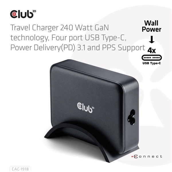 Club3D CAC-1918 (240W GaN, 4x USB-C, PD3.1, 4 csatlakozó)