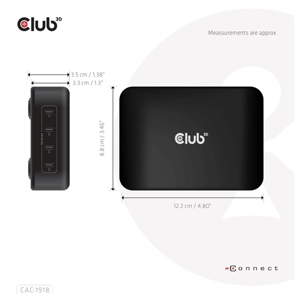 Club3D CAC-1918 (240W GaN, 4x USB-C, PD3.1, 4 csatlakozó)