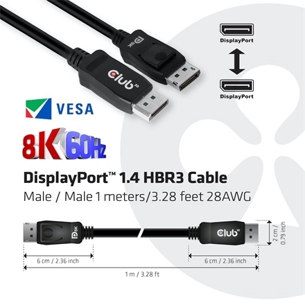 Club3D CAC-2067 (DisplayPort 1.4, HBR3, 8K60Hz, 1m, M/M, VESA minősítés)