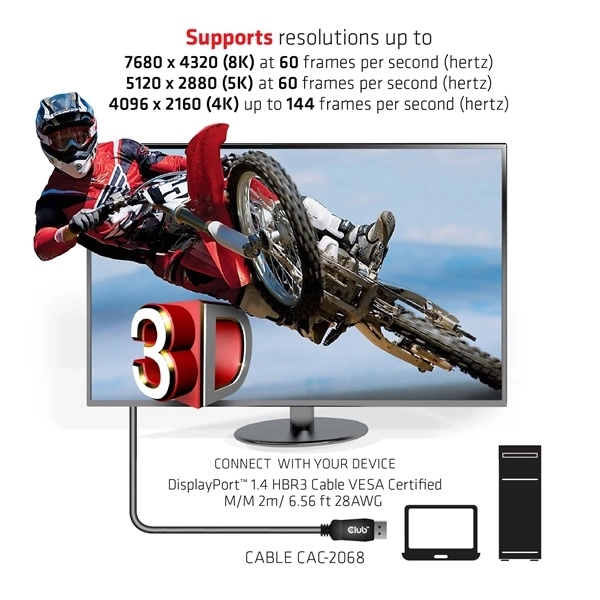 Club3D CAC-2068 (DisplayPort 1.4, M/M, 28AWG, HBR3, VESA tanúsítvánnyal, 8K60Hz, 2m)
