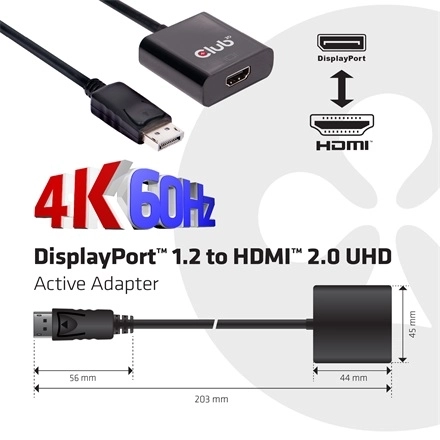 Club3D CAC-2070 (DisplayPort 1.2 to HDMI 2.0, 4K60Hz UHD, Aktív, 3D támogatás)