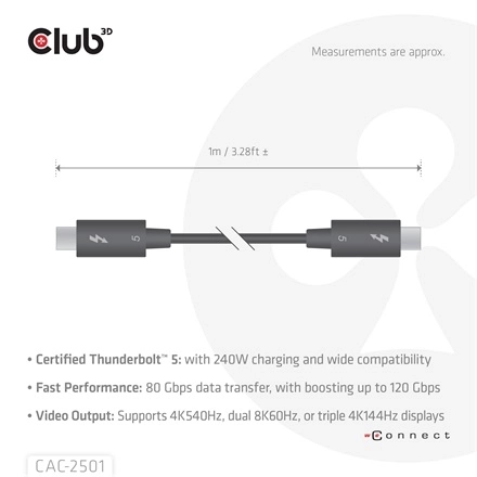Club3D CAC-2501 (Thunderbolt 5 USB-C to USB-C, 240W, 80/120 Gbps, EPR, 8K240Hz, 1m)
