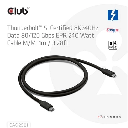 Club3D CAC-2501 (Thunderbolt 5 USB-C to USB-C, 240W, 80/120 Gbps, EPR, 8K240Hz, 1m)