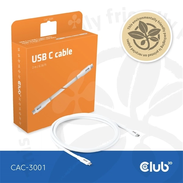 Club3D CAC-3001 (USB-C, PD 240W, 20Gbps, 4K60Hz, fehér, M/M, 2m)