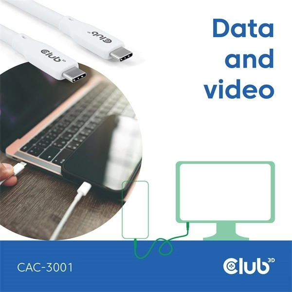 Club3D CAC-3001 (USB-C, PD 240W, 20Gbps, 4K60Hz, fehér, M/M, 2m)