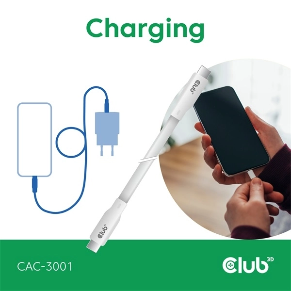 Club3D CAC-3001 (USB-C, PD 240W, 20Gbps, 4K60Hz, fehér, M/M, 2m)