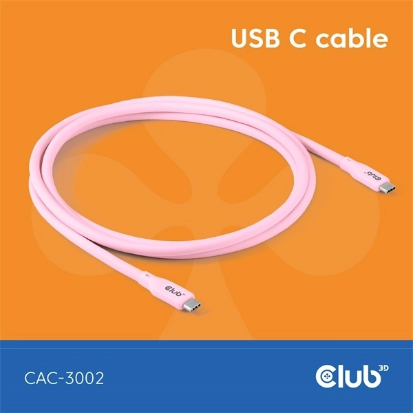 Club3D CAC-3002 (USB-C, PD 240W, 20Gbps, 4K60Hz, rózsaszín, M/M, 2m)