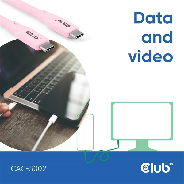 Club3D CAC-3002 (USB-C, PD 240W, 20Gbps, 4K60Hz, rózsaszín, M/M, 2m)