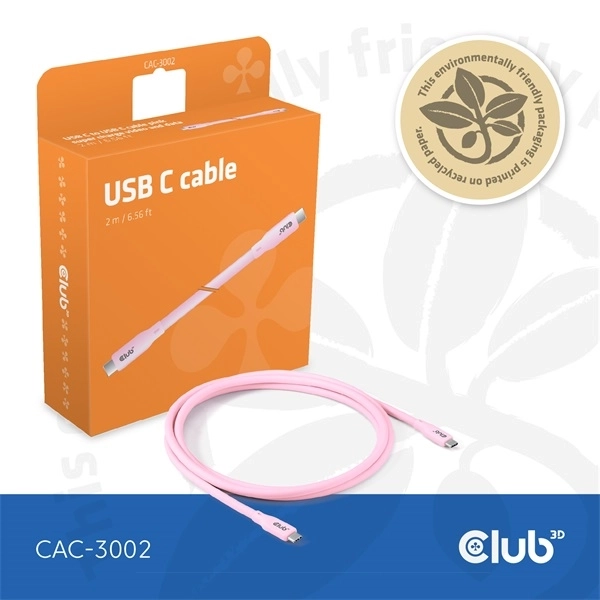 Club3D CAC-3002 (USB-C, PD 240W, 20Gbps, 4K60Hz, rózsaszín, M/M, 2m)