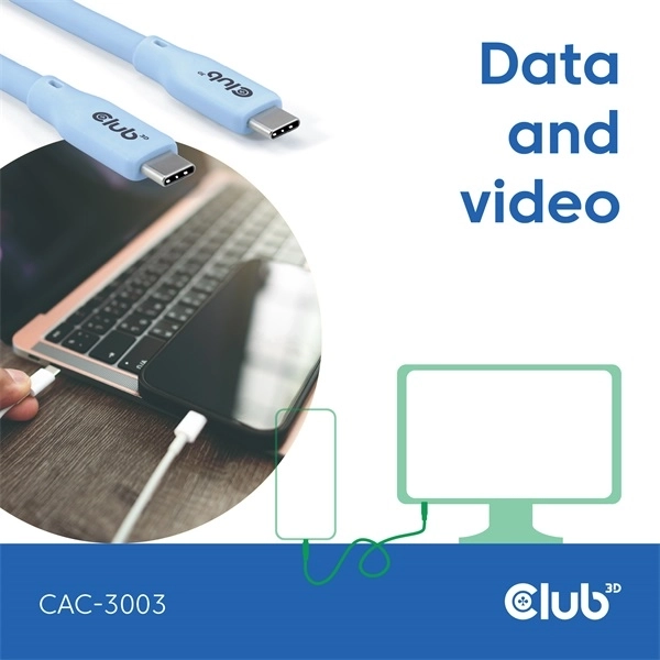 Club3D CAC-3003 (USB-C, PD 240W, 20Gbps, 4K60Hz, kék, M/M, 2m)