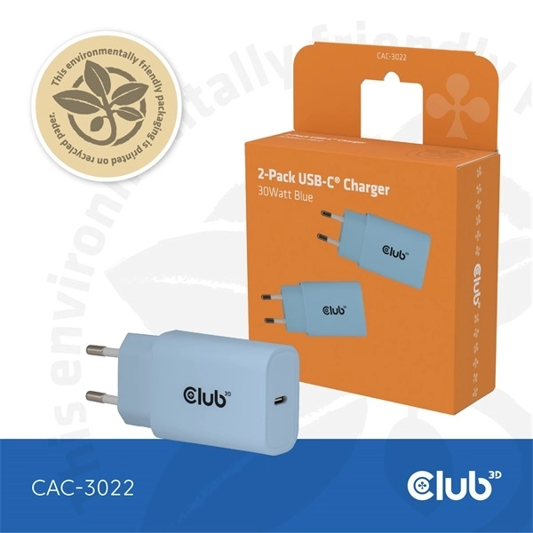 Club3D CAC-3022 (2db/csomag, 30W USB-C, PD3.0, túltöltés védelem, kicsi méret, kék)