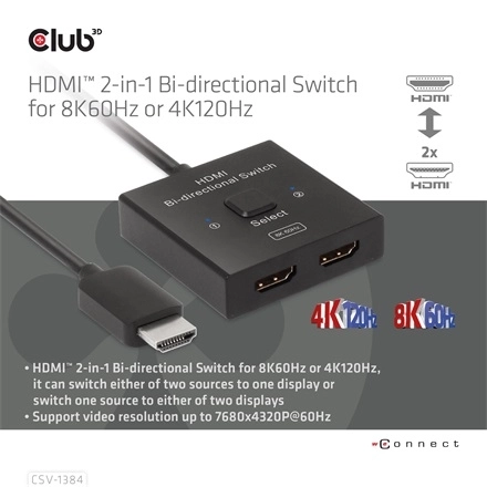 Club3D CSV-1384 (HDMI 2-az-1-ben, Kétirányú, 8K60Hz/4K120Hz, HDR, HDMI 2.1)