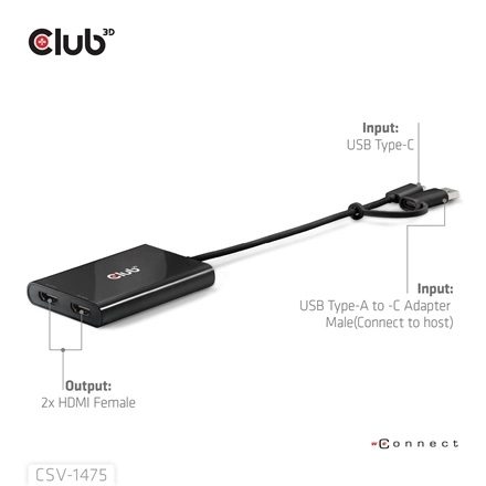 Club3D CSV-1475 (4K60HZ, 3.2 USB-C (USB-A Adapterrel) to 2xHDMI, Displaylink)