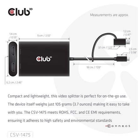 Club3D CSV-1475 (4K60HZ, 3.2 USB-C (USB-A Adapterrel) to 2xHDMI, Displaylink)