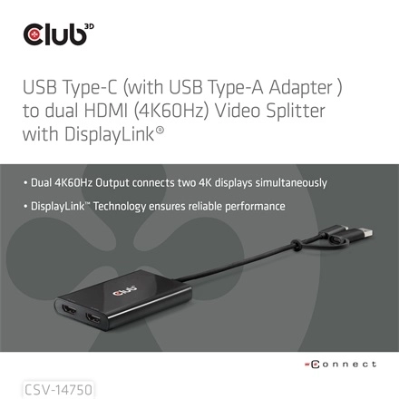 Club3D CSV-1475 (4K60HZ, 3.2 USB-C (USB-A Adapterrel) to 2xHDMI, Displaylink)
