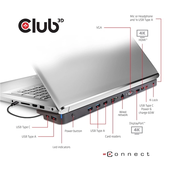 Club3D CSV-1564W100 (100W, 3.2 USB-C to 3xUSB-A 3.2, 5x USB-A,HDMI, PD, VGA, RJ45, SD, Micro SD, 3,5)
