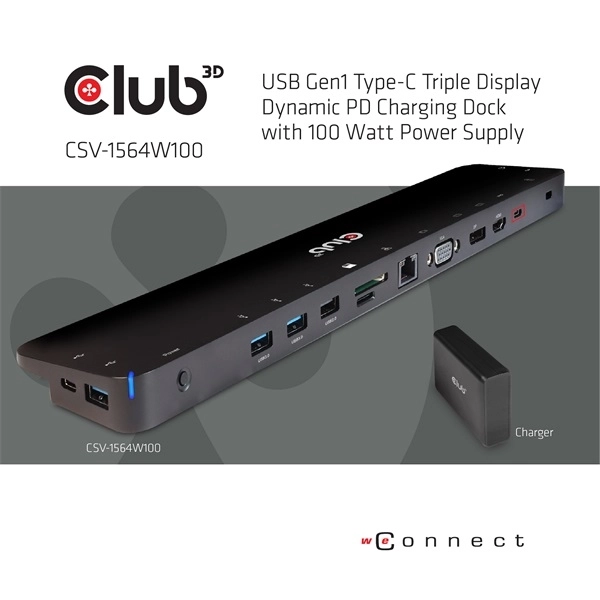 Club3D CSV-1564W100 (100W, 3.2 USB-C to 3xUSB-A 3.2, 5x USB-A,HDMI, PD, VGA, RJ45, SD, Micro SD, 3,5)