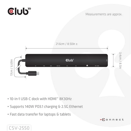 Club3D CSV-2550 (USB-C to 3xUSB-C, 3xUSB-A, RJ45, SD/MicroSD, 140W PD, HDMI, 8K30hz)