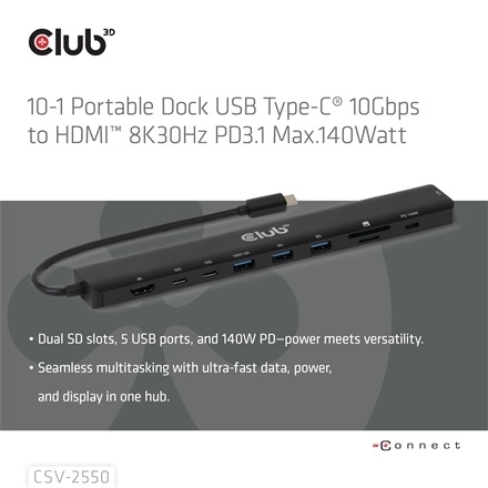 Club3D CSV-2550 (USB-C to 3xUSB-C, 3xUSB-A, RJ45, SD/MicroSD, 140W PD, HDMI, 8K30hz)