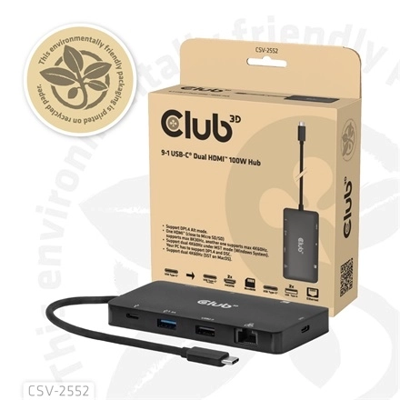 Club3D CSV-2552 (USB-C to 2xUSB-C, 2xUSB-A, 2xHDMI, RJ45, SD/MicroSD, 100W PD, 4K60hz)