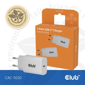 Club3D CAC-3020 (2db/csomag, 30W USB-C, PD3.0, túltöltés védelem, kicsi méret, fehér)